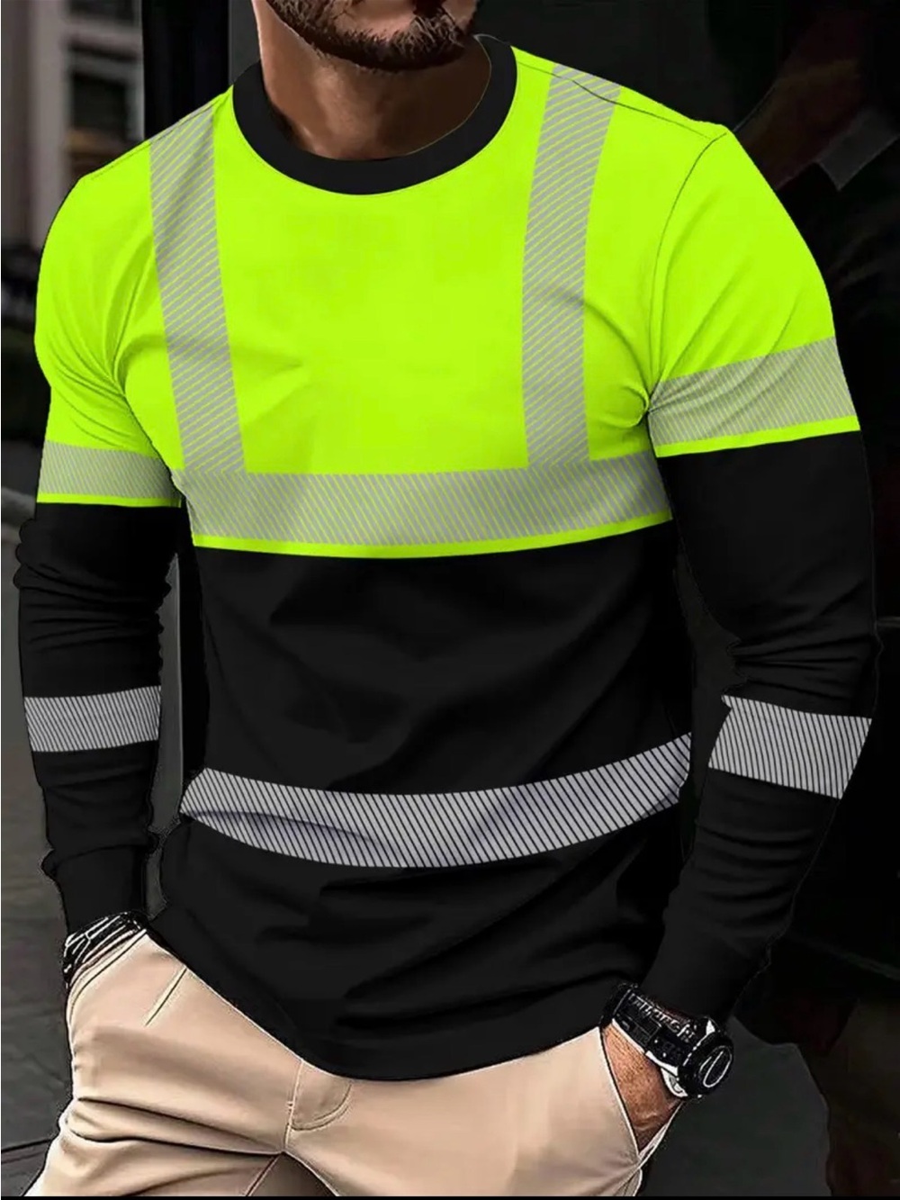 High-Visibility Neon Yellow & Black Long Sleeve Safety Tee